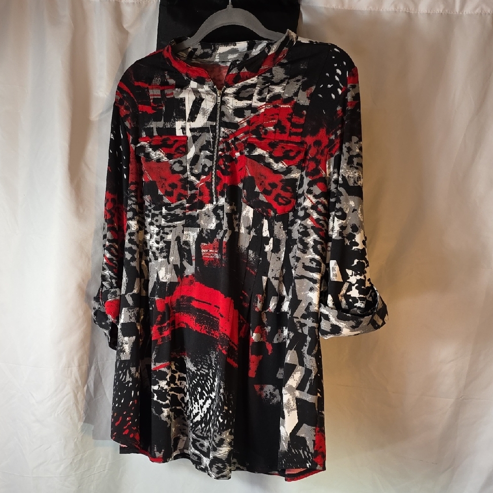 New Directions Vibrant Red and Black Patterned Tunic